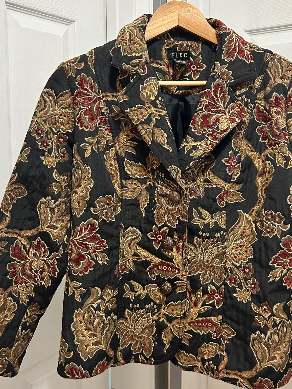 Vintage Tapestry Blazer Jacket Floral Brocade Black Red Tan Medium ELCC